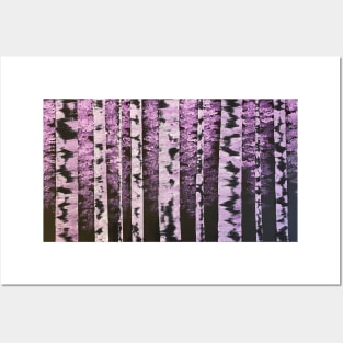 Black and White Birch Trees with Pink and Purple Leaves Posters and Art